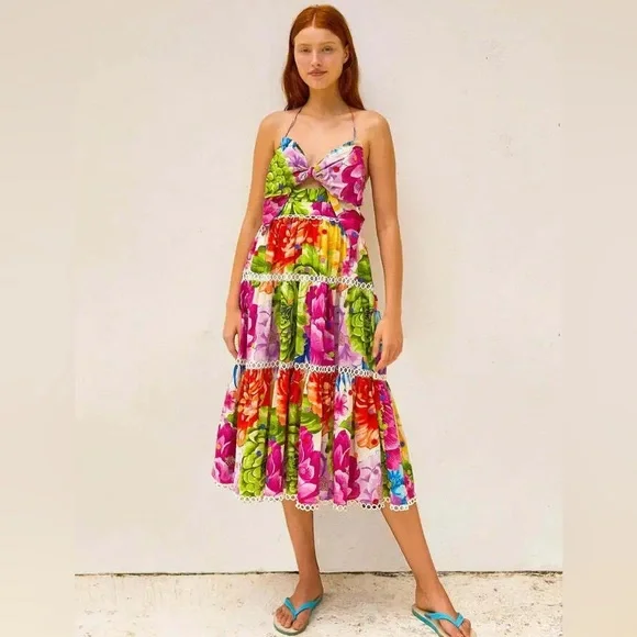FARM Rio | Dresses | Farm Rio Rainbow Chita Flower Halter Midi Dress |  Poshmark